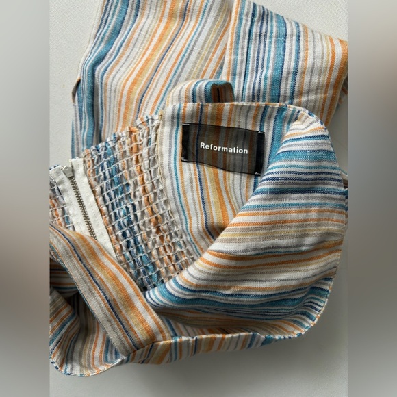 Reformation Island Linen Romper in Marbella Striped smocked pockets 6 - Picture 7 of 9